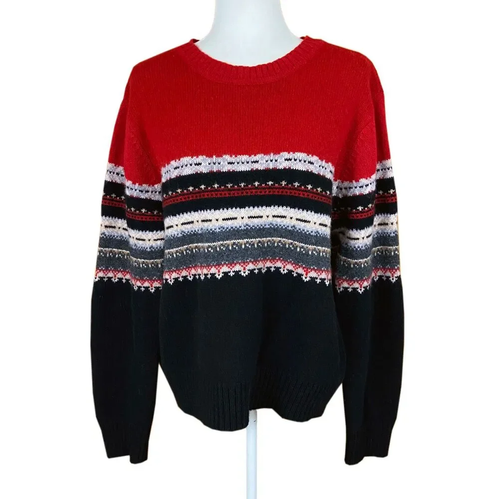 Vintage St. John's Bay Washable Lambswool Sweater Size L Red Black Gray Nordic